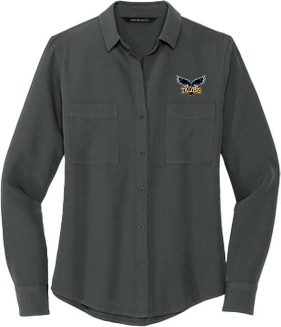 Blackhawk Mercer + Mettle Womens Crepe Long Sleeve Camp Blouse Hawk Mascot - ONLINE ONLY